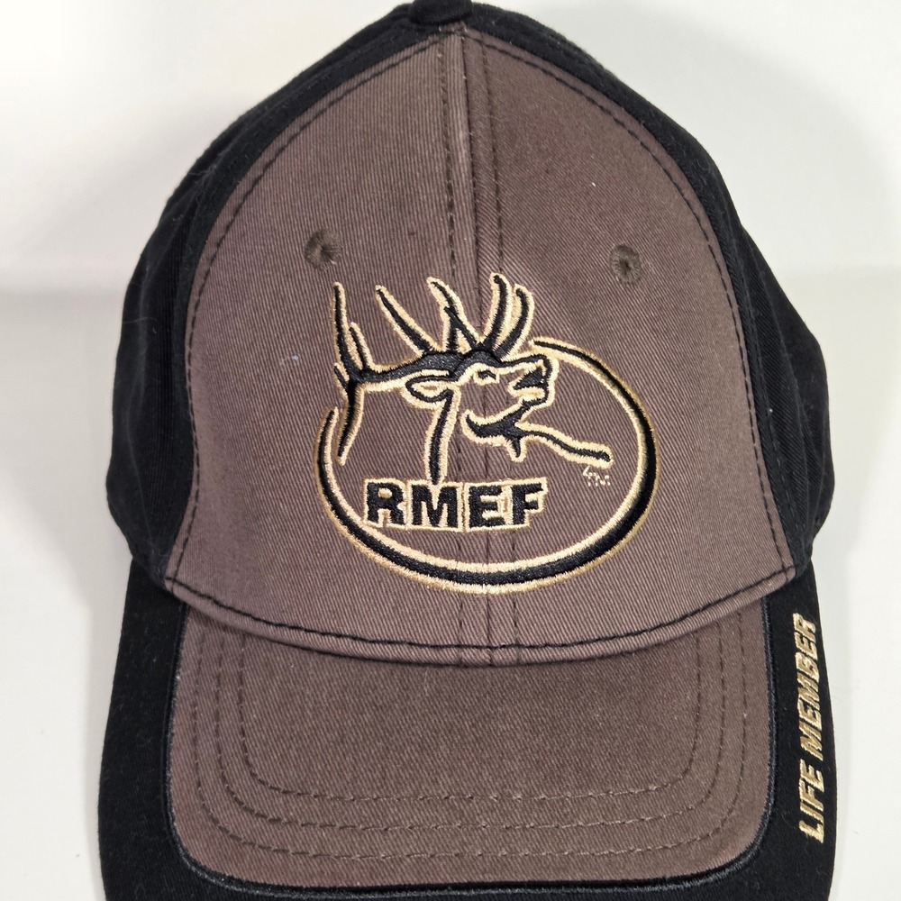 RMEF Rocky Mountain Elk Foundation Hat Life Member Cap Black Brown Leather Strap - Picture 2 of 10
